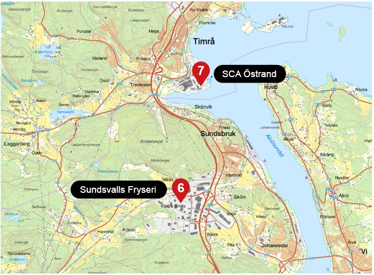 Kartbild som visar områden med farlig verksamhet i Sundsvall och Timrå.