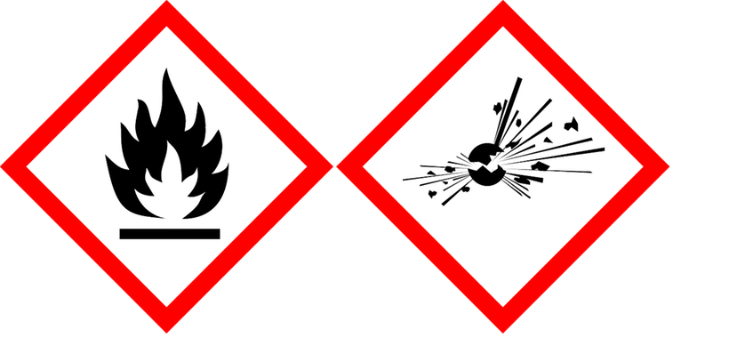 Symboler för brandfarlig och explosiv vara.